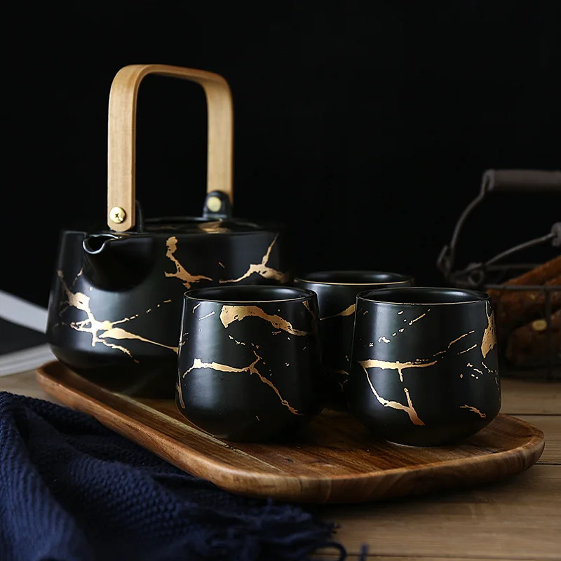 

Marbling Household Tea Set Japanese-Style Black and White Ceramic Afternoon Tea Cup with Acacia Mangium Base Support Teapot