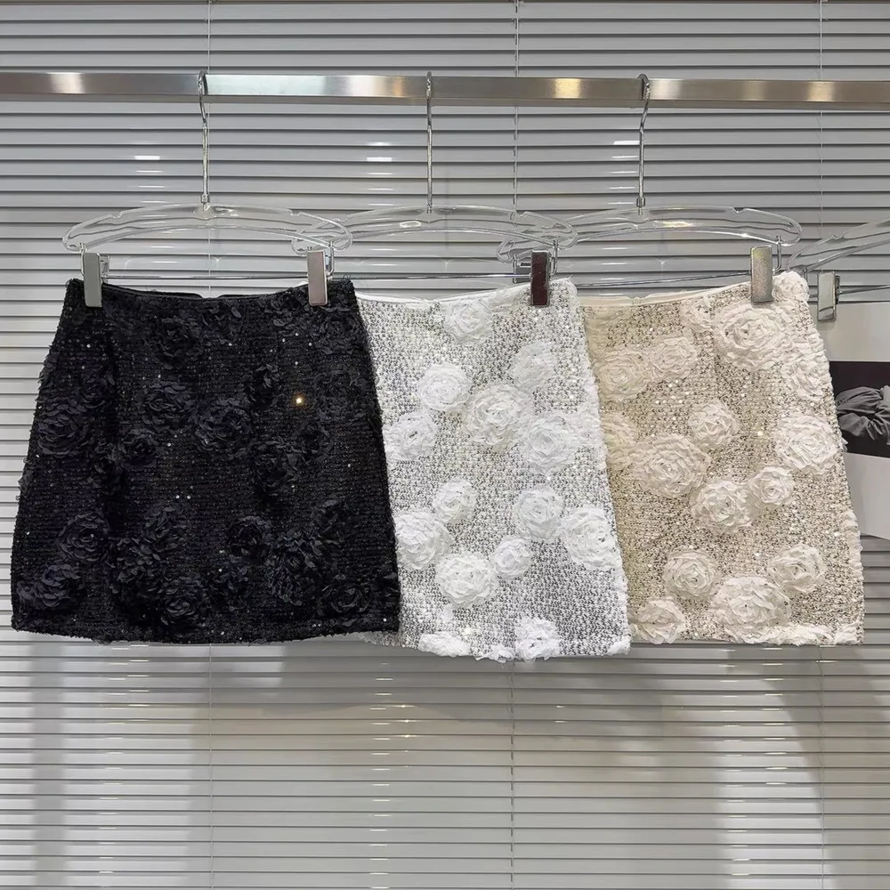 

Heavy Craft Flower Sequin Midi Skirt For Women 2025 Summer New Style Sweet Slim Fit Hot Girl Bodycon Skirts A-line Short Y2k