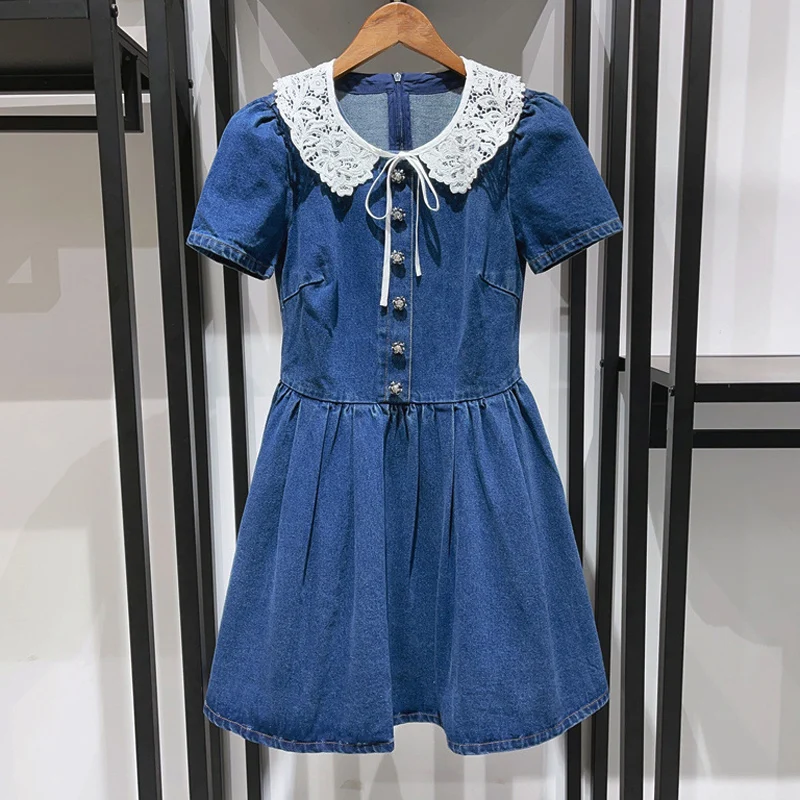 

Summer New Blue Detachable Lace Collar Short Sleeve High Waist Slim Fit Half Open Collar Denim Dress Cotton 100% A-Line Skirt