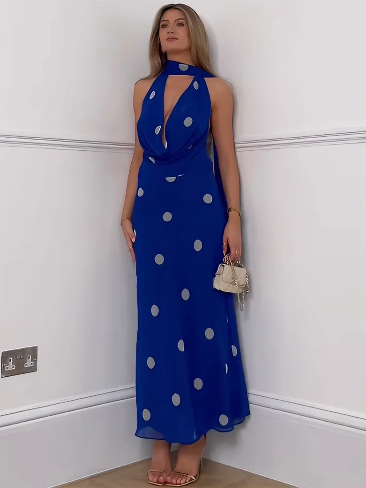 

Tuularose Women's Printed Dress Elegant Luxury Scarf Ribbon Patchwork Sleeveless Backless Dress Sexy Female Party Evening Dress