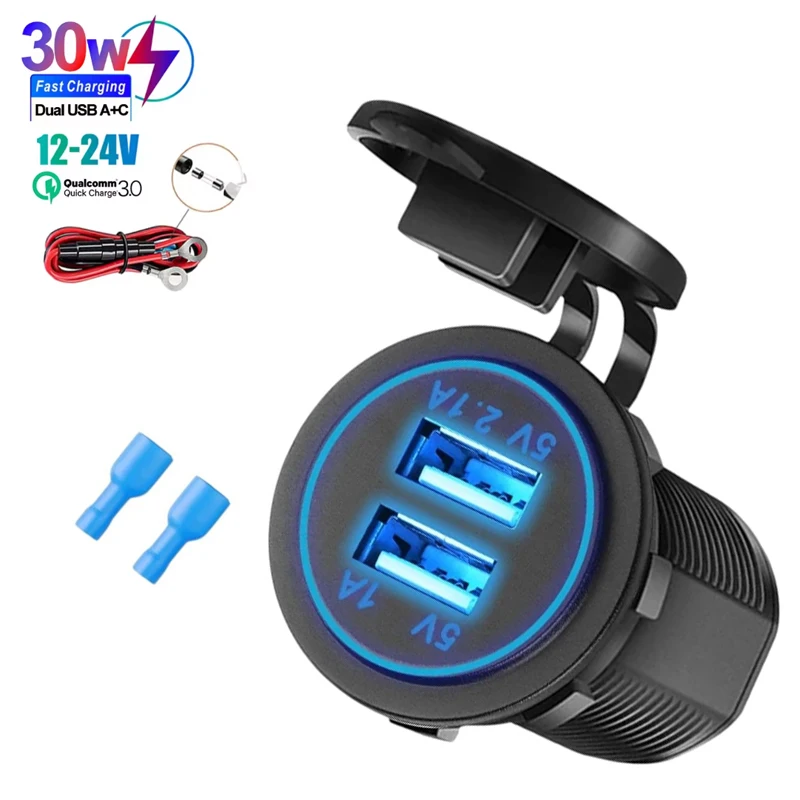 12/24V Dual USB Port Car Charger with Multiple Devices Motorcycle Car Led Light Type-C Power Socket Waterproof Light for Auto