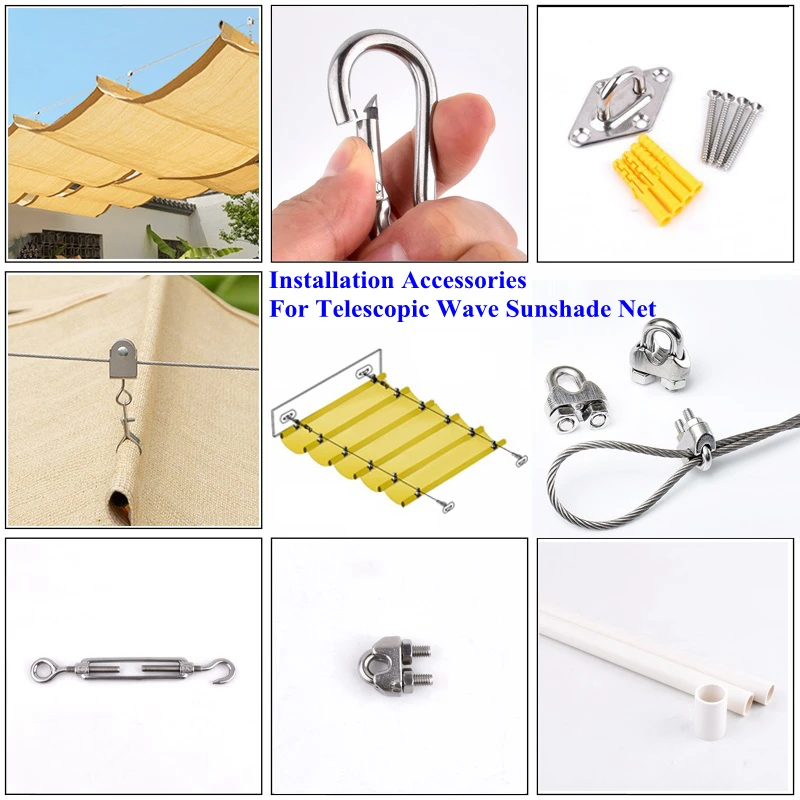 Installation Accessories For Telescopic Wave Shade Net Outdoor Awning Fittings Pulley Spring Buckle Turnbuckle Wire Rope Parts