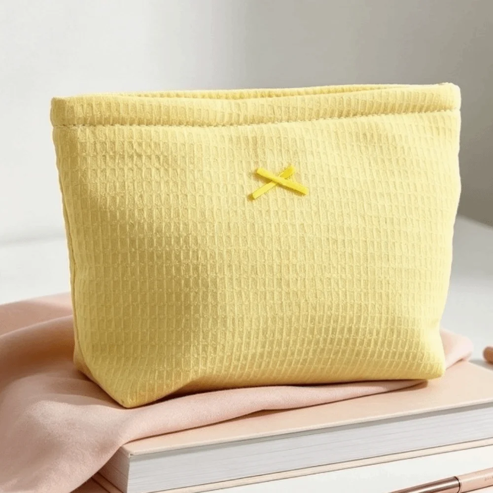 Cute Bow Decor Waffle Knit Makeup Bag Large Capacity Zipper Cosmetic Bag Portable Lightweight Toiletry Organizer Girls