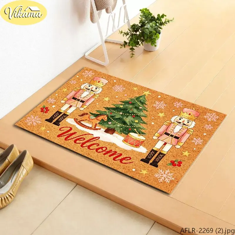 VIKAMA Christmas Doormat Nutcracker Tree Rocking Horse Drum Coir Entrance Doormat for Outdoor Front Door Porch Xmas Home Decor