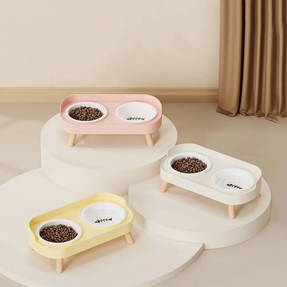 

Ceramic Double Cat Bowl Cervical Protection Large Capacity Cat Water Bowls Anti Slip with Stand Pet Food Water Feeder