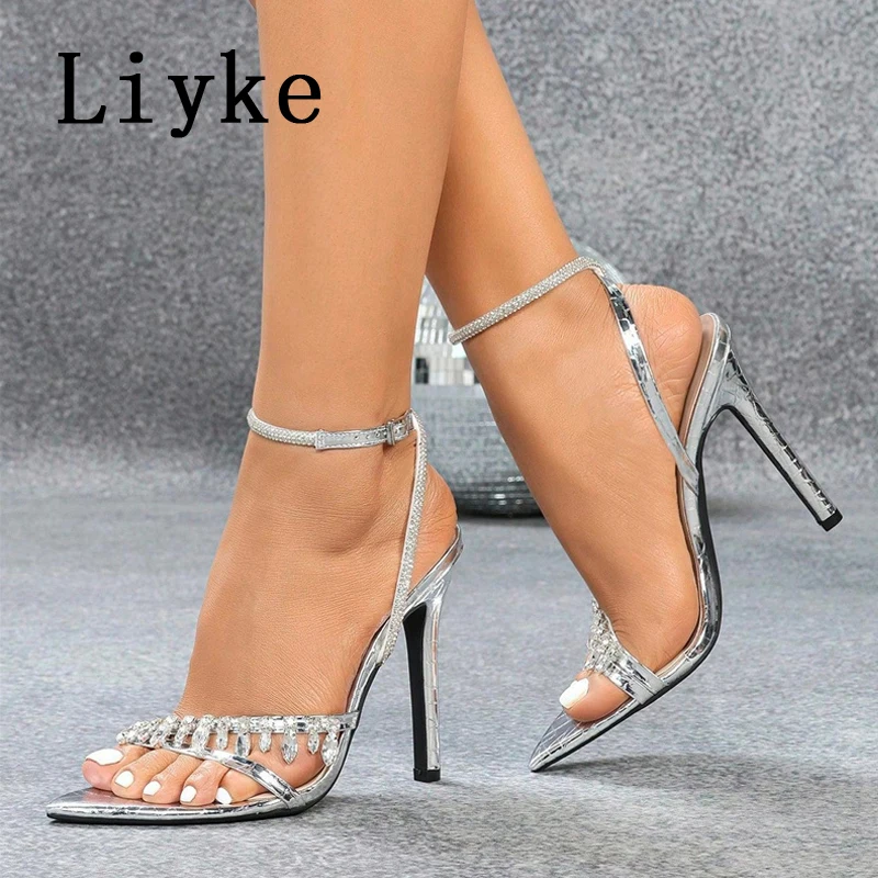 

Liyke Sexy Crystal Rhinestone Ankle Strap Sandals Women Summer Fashion Diamond Pendant Narrow Band High Heels Party Dress Shoes