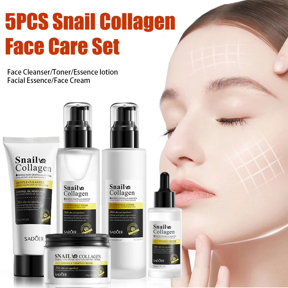 

5PCS Snail Collagen Face Care Set Facial Cleanser Toner Essence Lotion Face Cream Serum Moisturizing Firming Brightening Skin