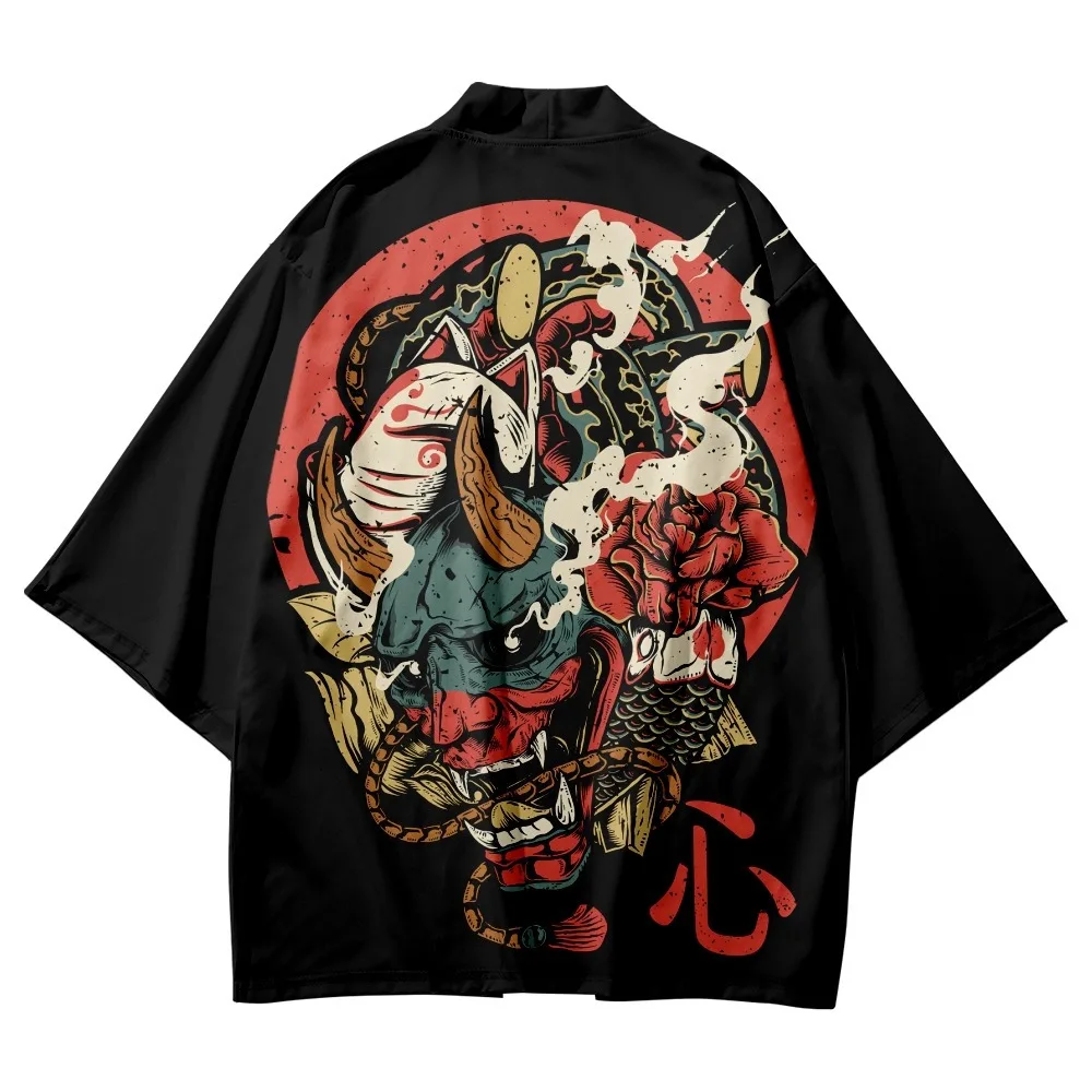 

Men Yukata Cosplay Black Demon Print Samurai Streetwear Haori Kimono Japanese Anime Asian Women Loose Cardigan