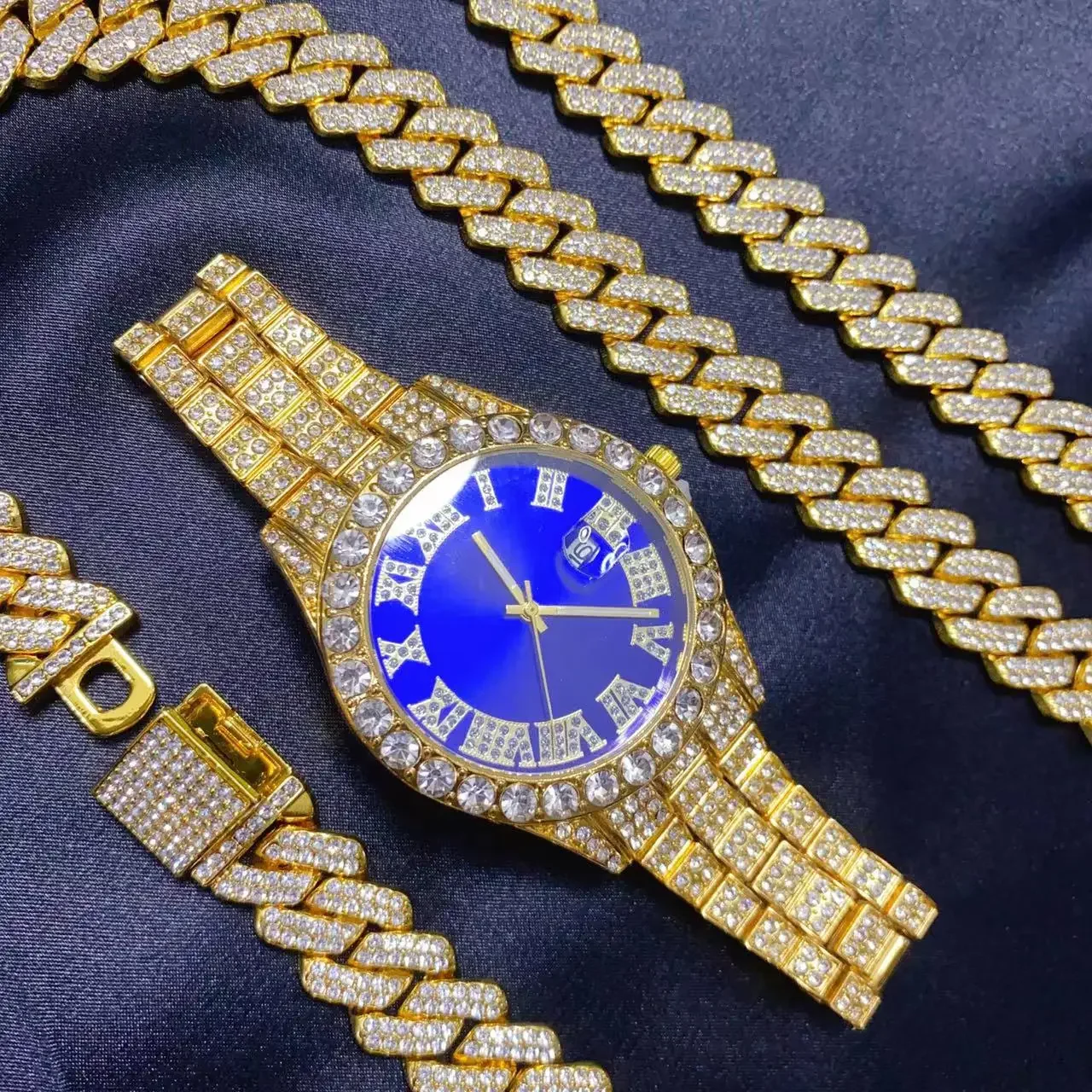 3PCS Hip Hop Calendar Watch Necklace Bracelet Jewelry Set for Men Bling Bling Gold Silver Diamond Man Box Iced Out Cuban Chain
