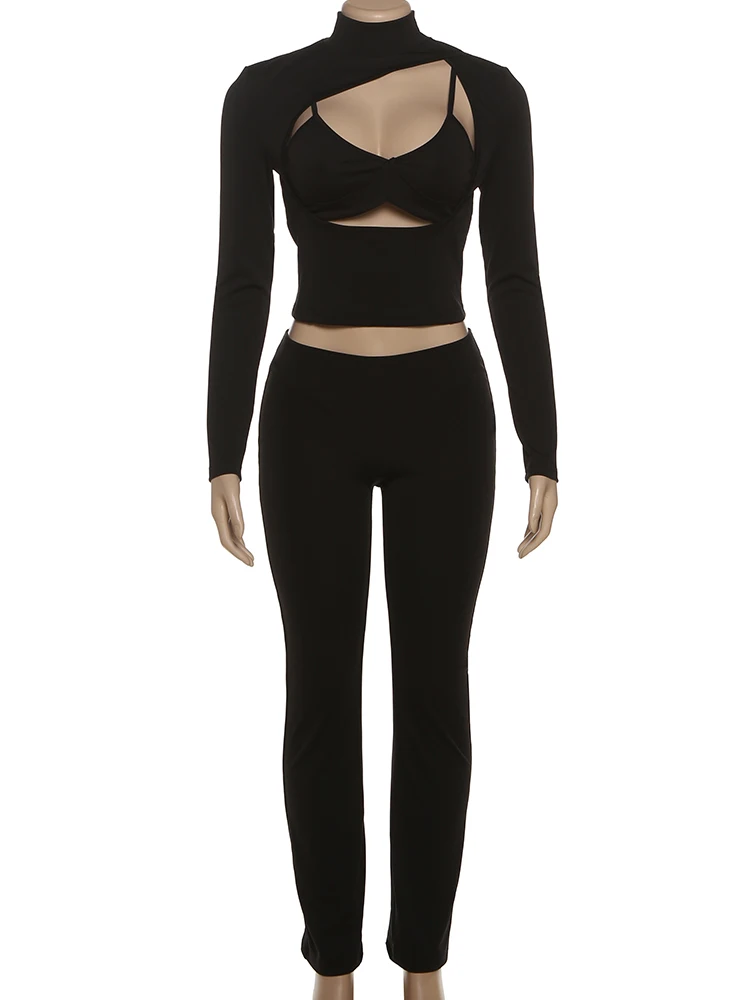 Kliou сексуальный хипстерский комплект из 3 предметов, женский топ с глубоким вырезом + водолазка, укороченный топ с длинными рукавами + узкие брюки, уличные модные костюмы