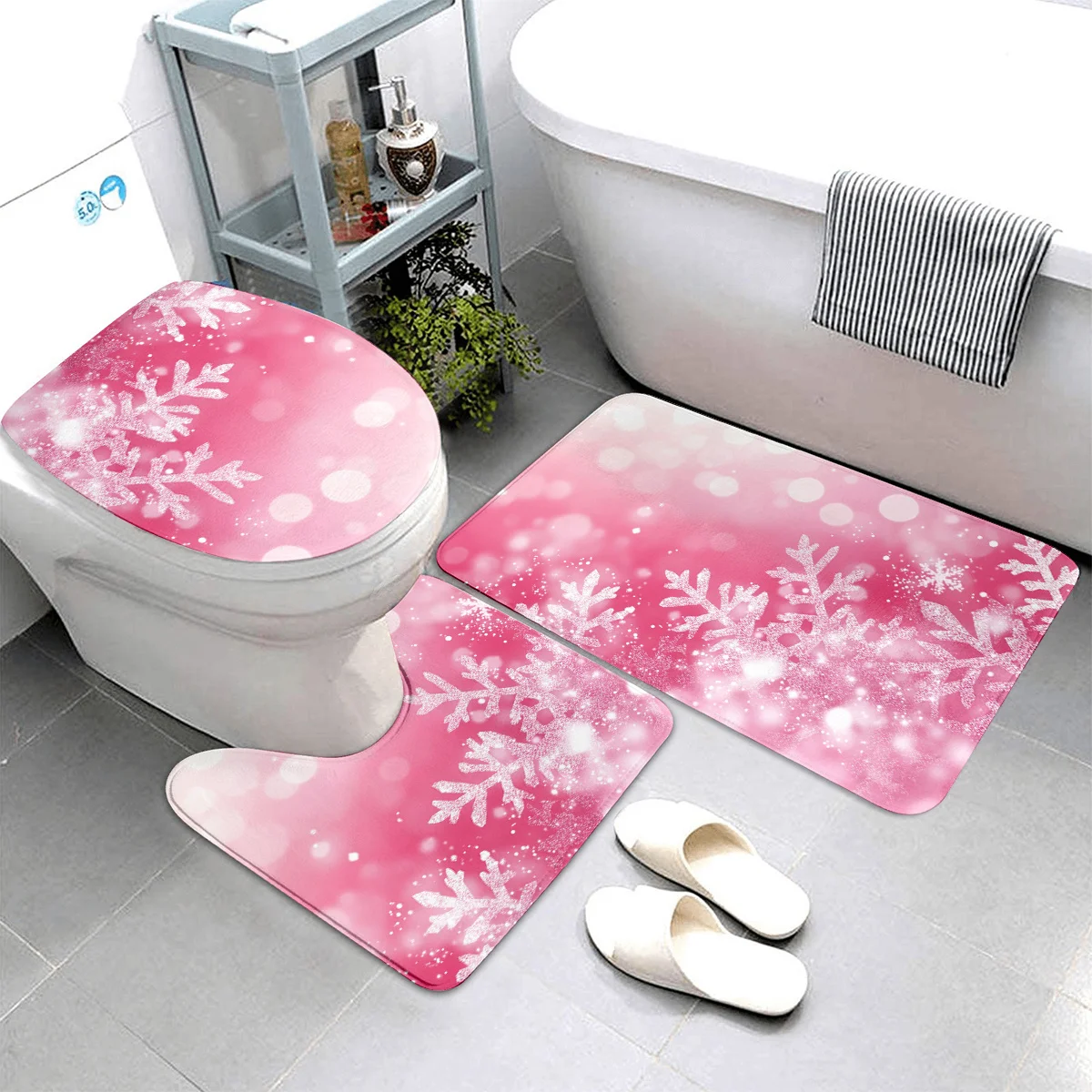 2D Flat Pink Gradient Snowflake Bathroom Mat Set, 3pcs, Bokeh Winter Pattern, Home Decor for Bathroom