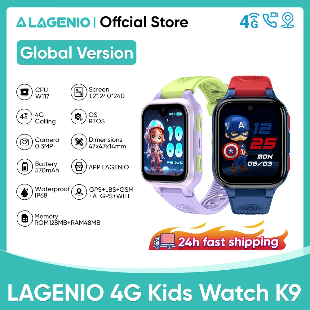 

Global LAGENIO 4G Kids Watch K9 GPS Monitor Tracker Location Child Smartwatch Waterproof Camera Video Call Nio AI Phone Watch