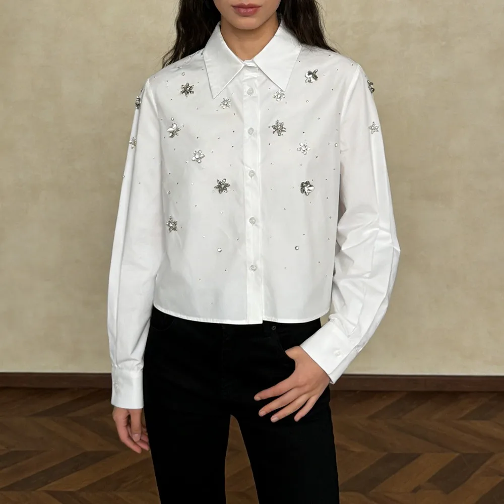 TWOTWINSTYLE Solid Spliced Diamonds Basics Shirt Female Lapel Long Sleeve Loose Korean Sweet Women's Shirts Autumn Fashion New