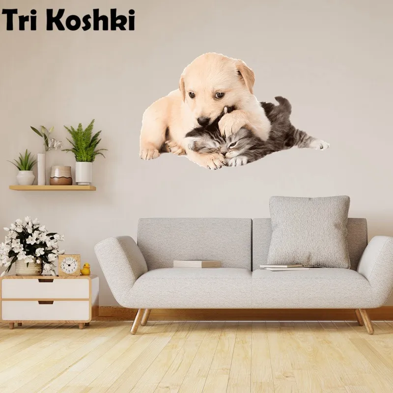 Tri koshki RC040 Animal Golden Retriever Dog Puppy Kitten Cat Wall Sticker Waterproof PVC Decoration Door Living Room Kids Room