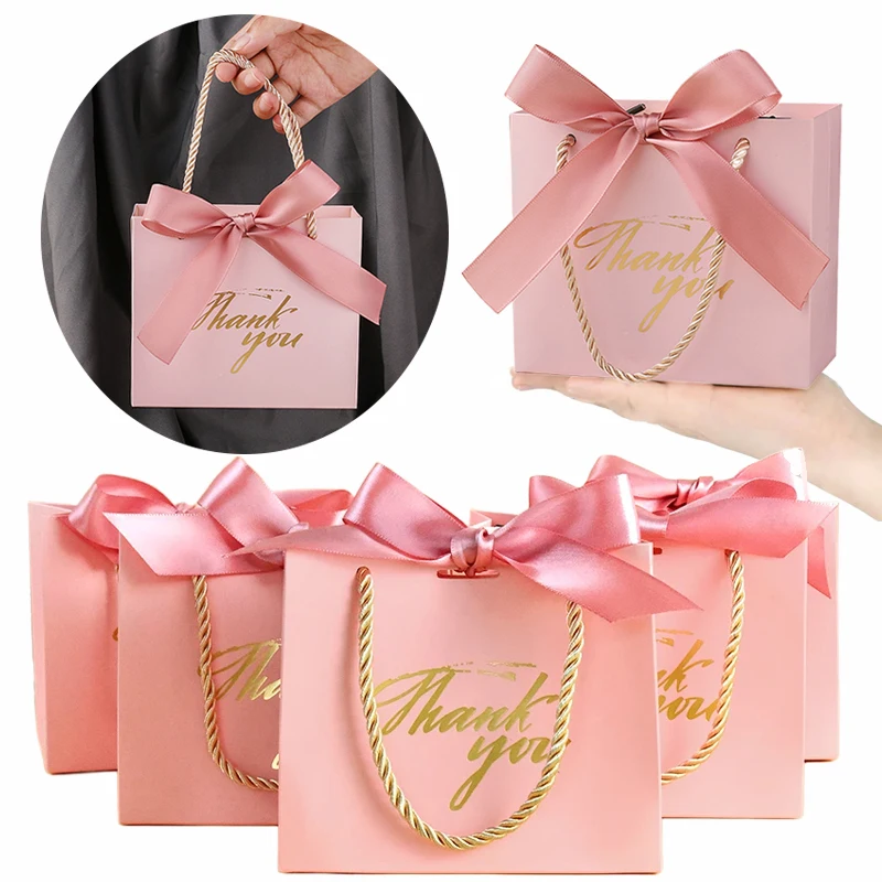 Caja de dulces con cintas, bolso de papel, bolsa de regalo rosa para reunión de Festival, caja de recuerdos de cumpleaños y boda, regalos de agradecimiento TMZ, 6 ~ 24 Uds.