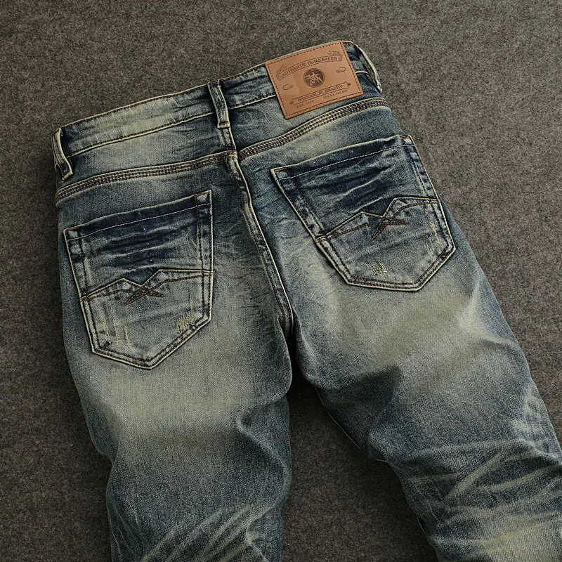 Pantalones vaqueros rasgados elásticos para hombre, Jeans Retro lavados de alta calidad, corte ajustado, diseño Vintage, moda urbana