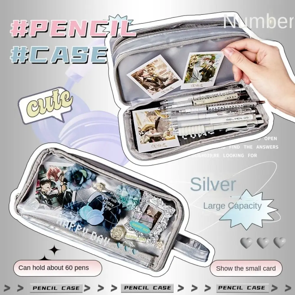 Estuche de lápices portátil de moda, bolsa de papelería transparente plateada, organizador de escritorio creativo de gran capacidad, suministros escolares para estudiantes