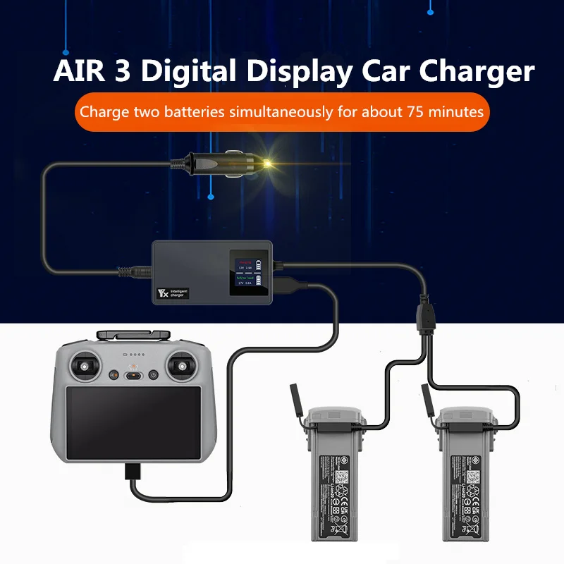 Digital display car charger for DJI AIR 3S Drone Battery Remote Control Vehicle Charger Portable Intelligent AIR 3 Charging Hub