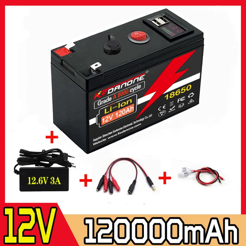12V Battery 120Ah 18650 Rechargeable LiFePO4 Lithium Battery Built-in 5V 2.1A Usb Power Display Port Charger+12.6V 3A charger