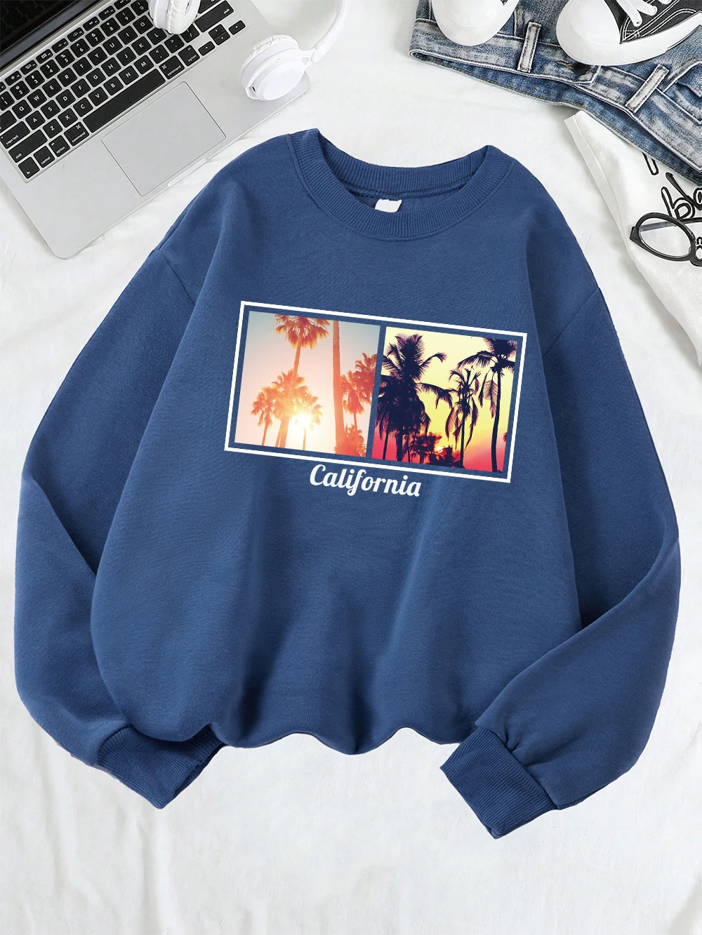 كاليفورنيا شجرة جوز الهند يطبع بلوزات النساء الشتاء الصوف الدافئة هوديي Crewneck فضفاض البلوز أساسيات ملابس امرأة عادية #2