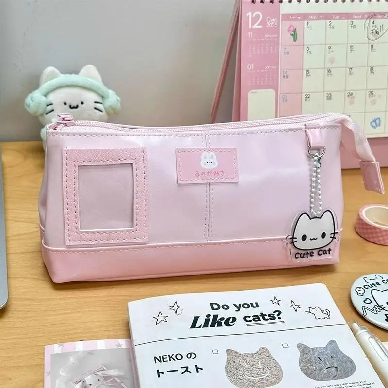 PU Leather Pencil Case Clear Window And Large Capacity Perfect For School Students Stationery Storage