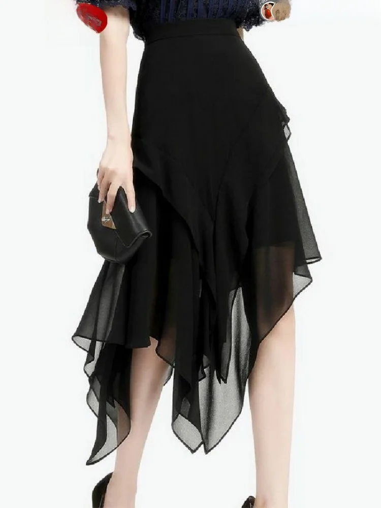 Summer Slimming High Waist Black Chiffon Midi Skirt Women\'s Asymmetrical Draped Waist-Cinching Thin Fabric Skirts