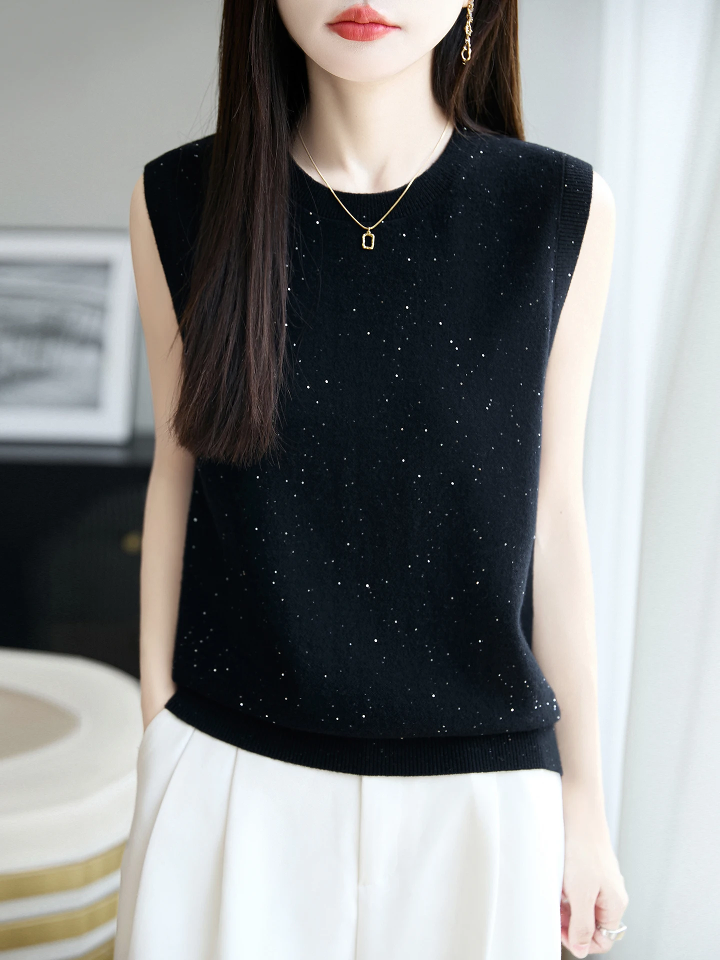 

00 Pure Wool Knitted round Ne Svel Vest Women's Autumn Winter New Outerwear Inner Match Layering Sequin Vest