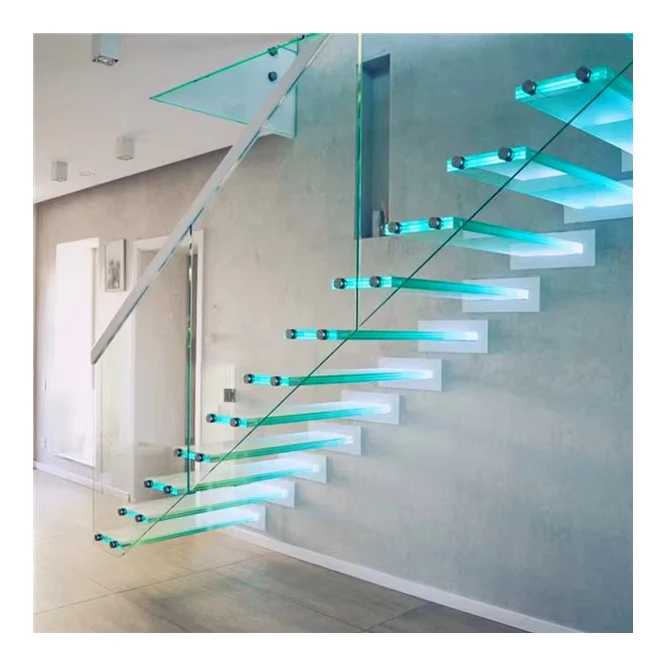 Modern glass staircase Hidden stringer design Tempered laminated glass Floating straight staircase