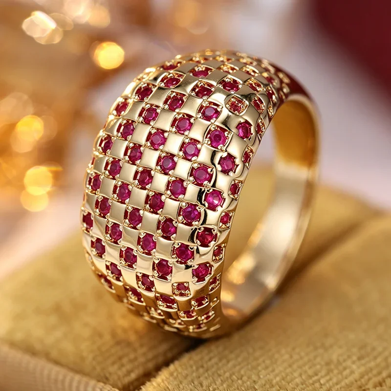 Ladies' Court Style Wide Edition Ring Featuring Checkered Design Inlay Red Cubic Zircon Sparkling Ring Gorgeous Jewelry
