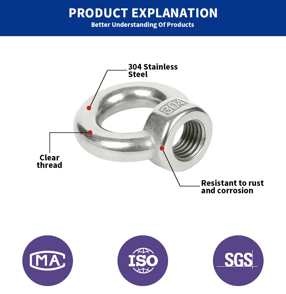 DIN582 Hebeösenmutter 304 Edelstahl Ringmuttern Marinequalität Hochleistungs-Hebeösenmutter M4 M5 M6 M8 M10 M12 M16 M20 – Detail 2