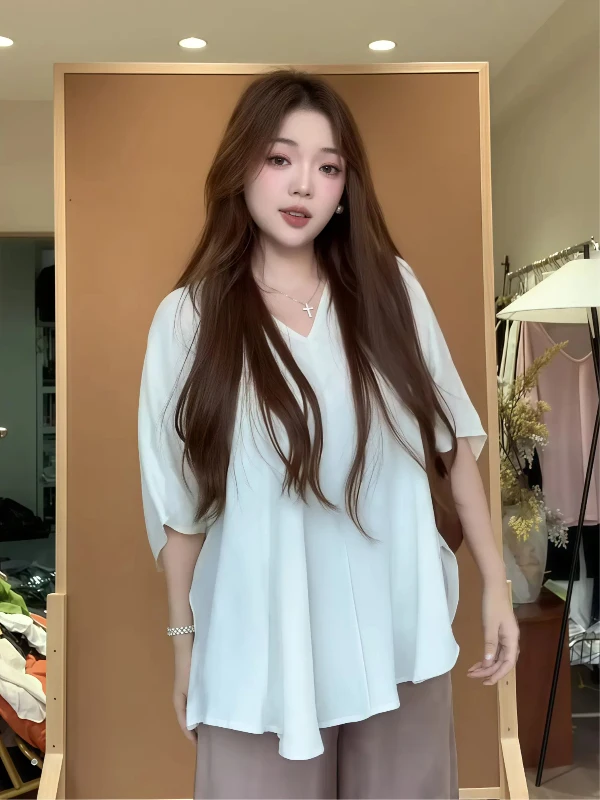 Loose V-Neck Half Sleeve T-Shirt Women Summer New Style Cover Butt Lazy Drapey Loose Feeling Top Korean Style Pure Color