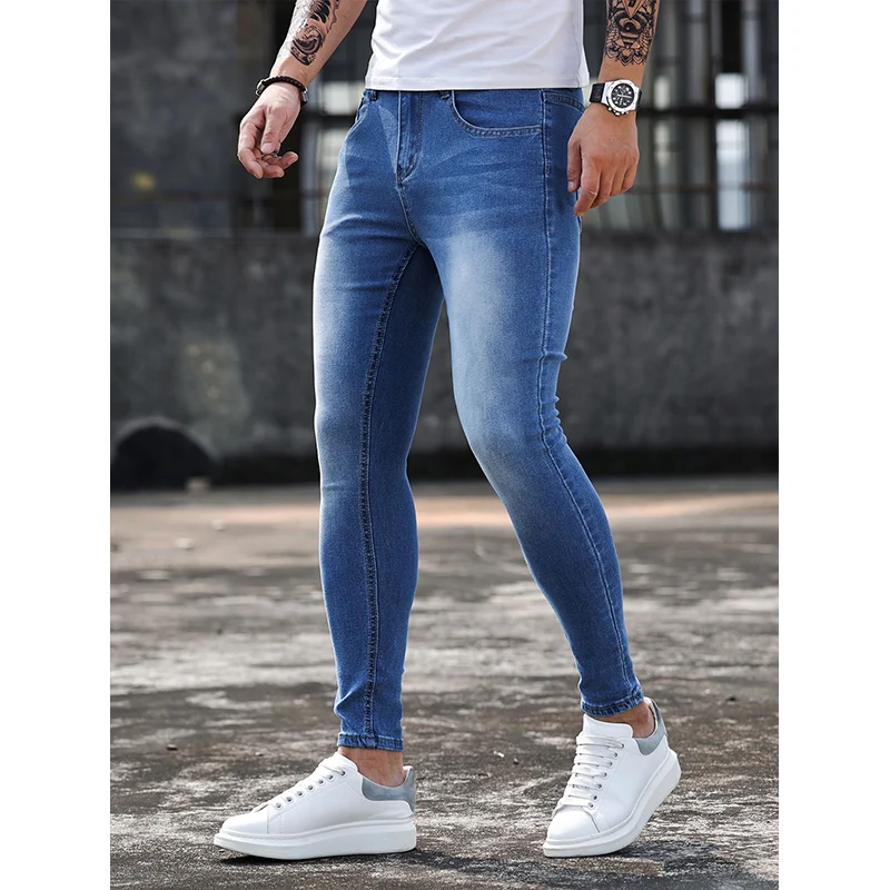 Jeans for Men Skinny Washed Solid Colour Stretch Pencil Pants Fashion Streetwear Slim Fit Denim Jeans Jogging Trousers Blue