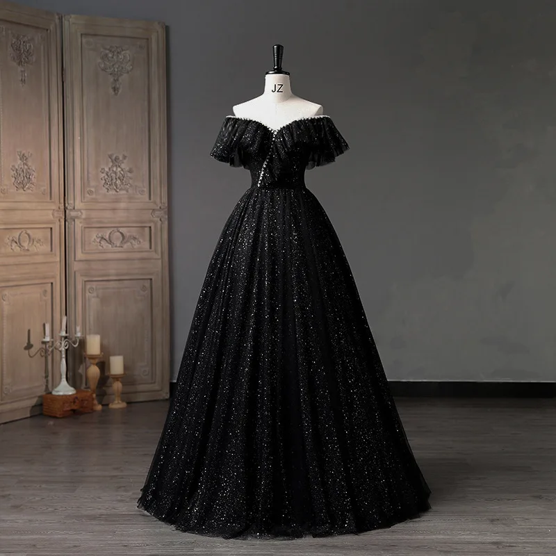 Shiny Sequined Black Mexico Quinceanera Dresses Ball Gown Off The Shoulder Floor-length Puffy Dresses For 15 Years Old