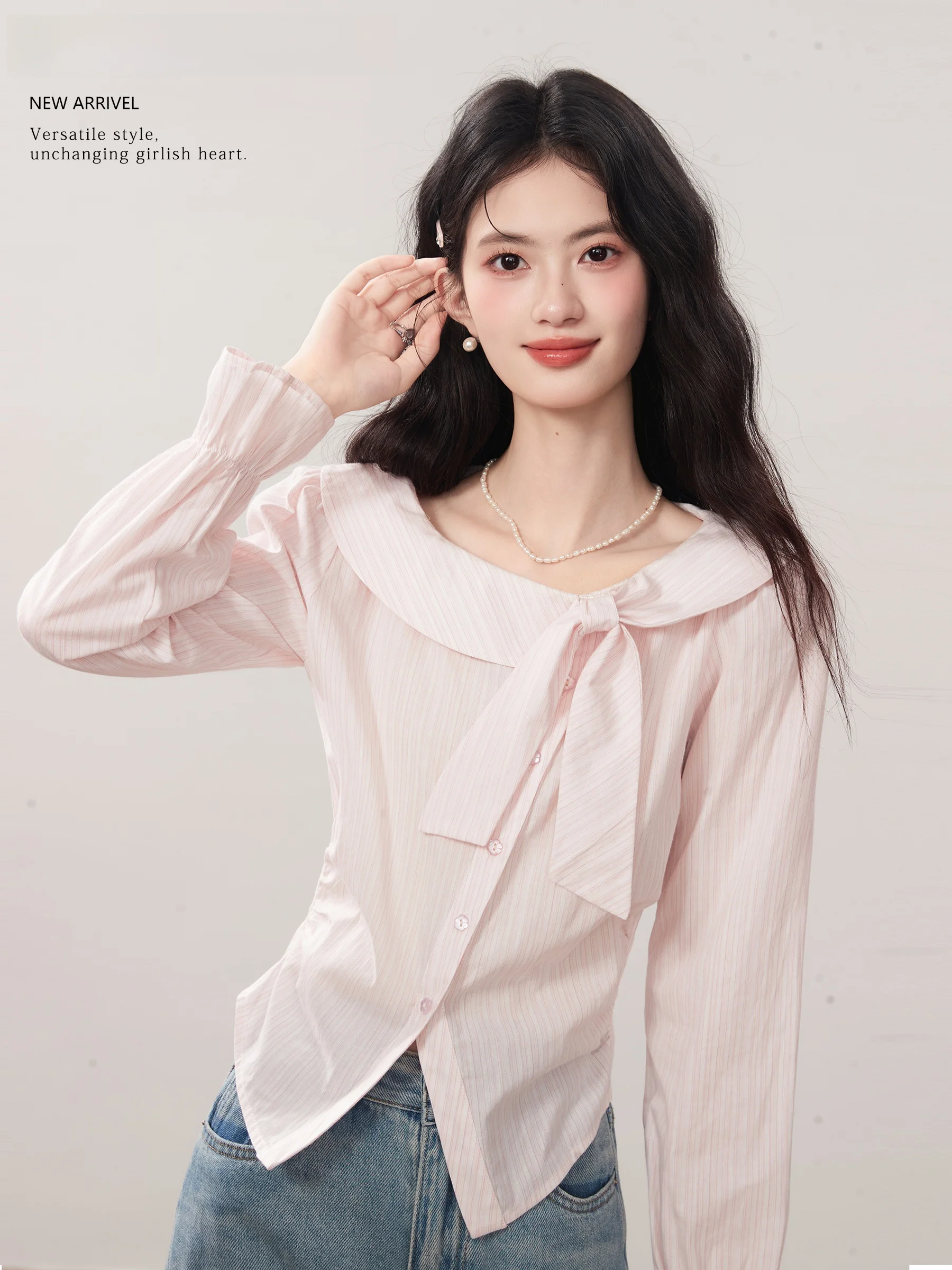 

Рубашка женская Linjou Pink Sakura в полоску с длинным рукавом, приталенная, на одно плечо, на пуговицах, повседневная, хлопковая, весна-лето