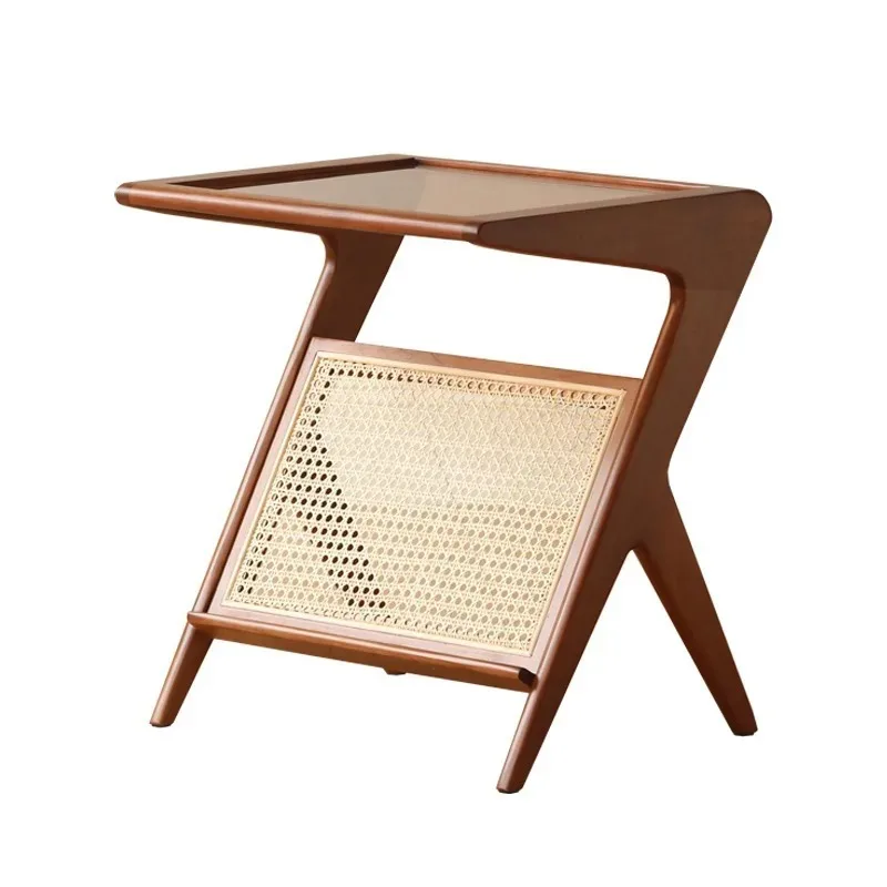 

Medieval solid wood small table rack retro rattan glass movable sofa edge
