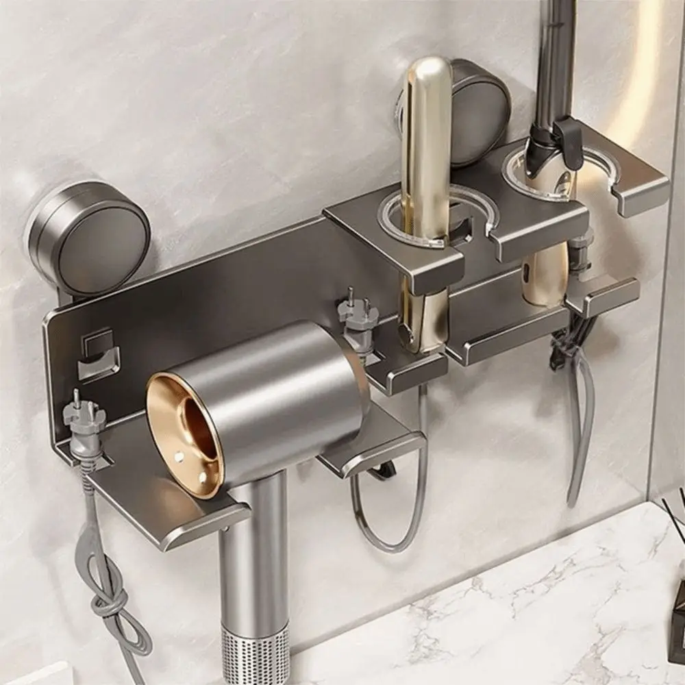 

Aluminum Alloy Suction Cup Hair Dryer Holder Wall Mounted Large Capacity Hair Dryer Storage Rack Space Saving Punch Free