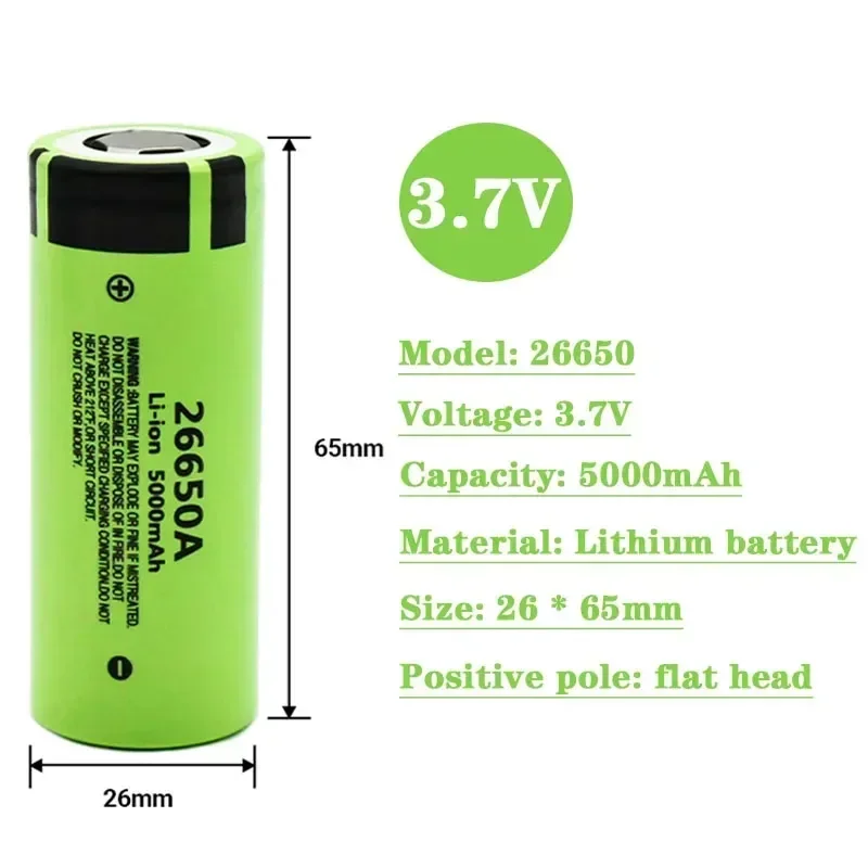 Brand New 100% Original 26650 20A Rechargeable Lithium Battery 26650A, 3.7V 5000mAh Large Capacity Suitable for Flashlights