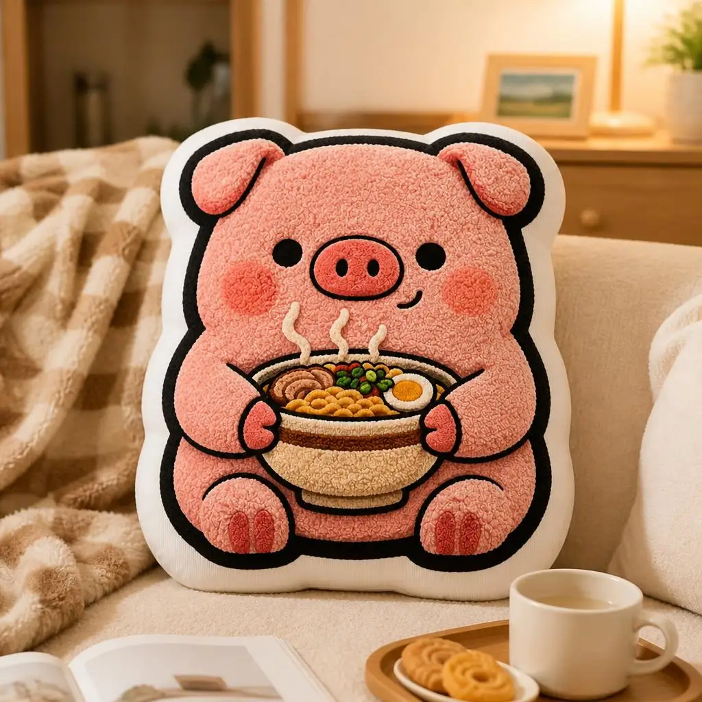 Cute Pig Eating Ramen Noodle Bowl Irregular Stuffed Throw Pillow Kawaii Animal Cushion Asian Food Kitchen Sofa Decor Gift