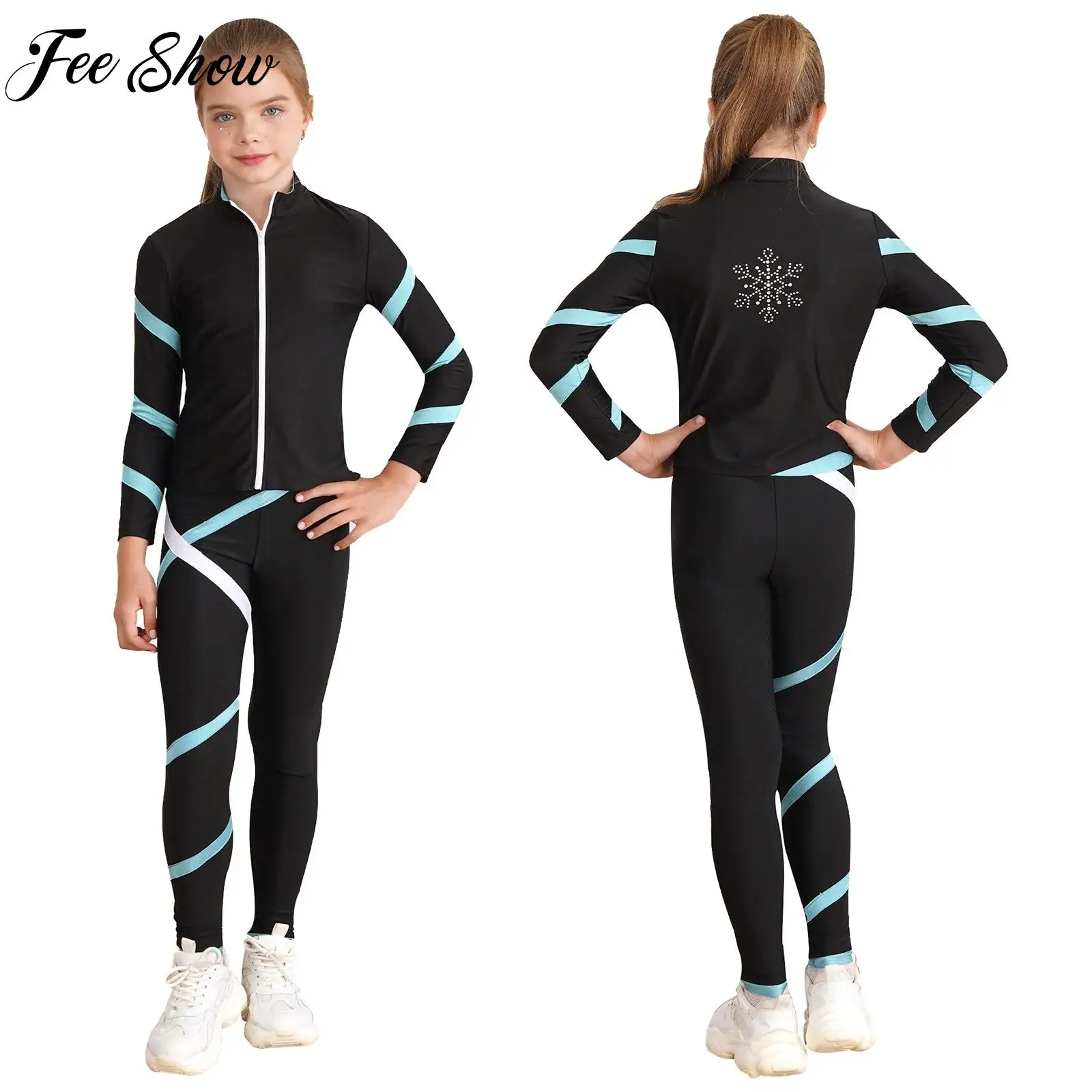 Girls Figure Skating Costume Sports Suit Long Sleeve Sweatshirt+Sport Leggings Pants Tracksuit Leotard for Yoga Workout Outfits