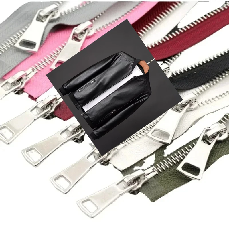 2 unids/lote 5 # Cremallera de Metal de 70 a 100cm, doble apertura, negro, blanco, verde militar, gris, rosa, rojo, azul, chaqueta de cuero, accesorio de costura para reparación