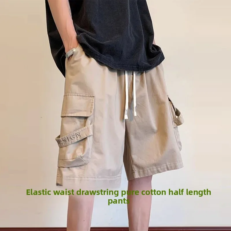 

Спецодежда из чистого хлопка цвета хаки, мужская летняя тонкая модная брендовая верхняя одежда, большая повседневная свободная одежда больших размеров, пять четвертей...