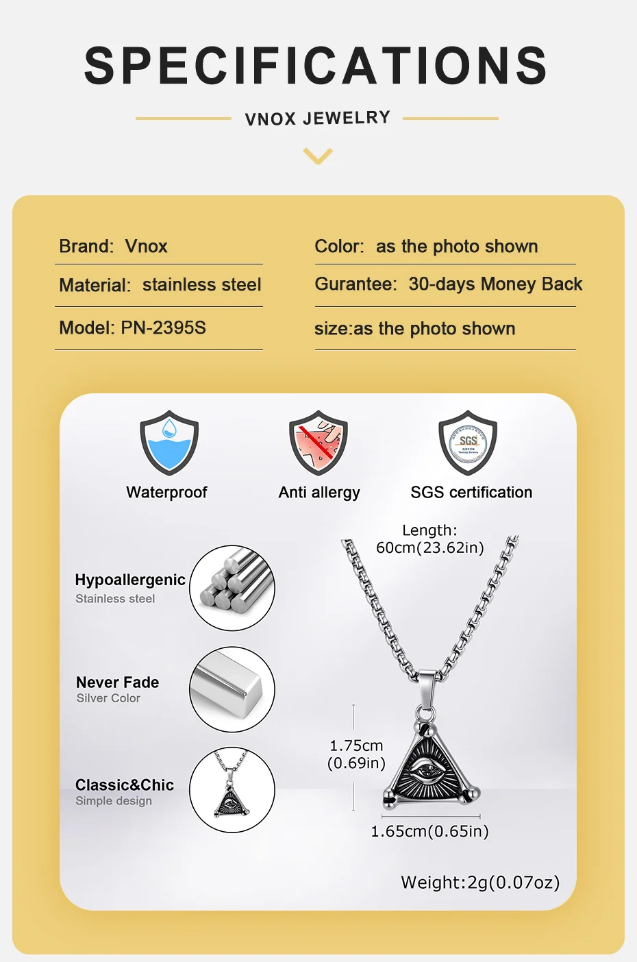 Vnox Geometrische Halskette mit Anhänger „Auge der Vorsehung“ im Dreieck, Vintage-Silberfarbene Punk-Kette, Schmuck für Männer, Glücksamulett-Geschenk – Detail 4