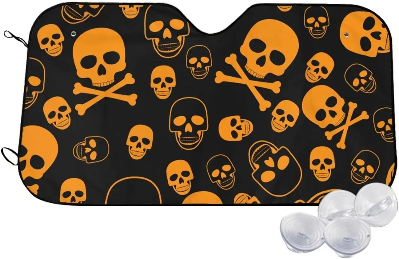 Halloween Yellow Skull Car Front Window Sunshade for Most Sedans SUV Truck Blocks Max Sun Rays and Keeps Your Vehicle Cool