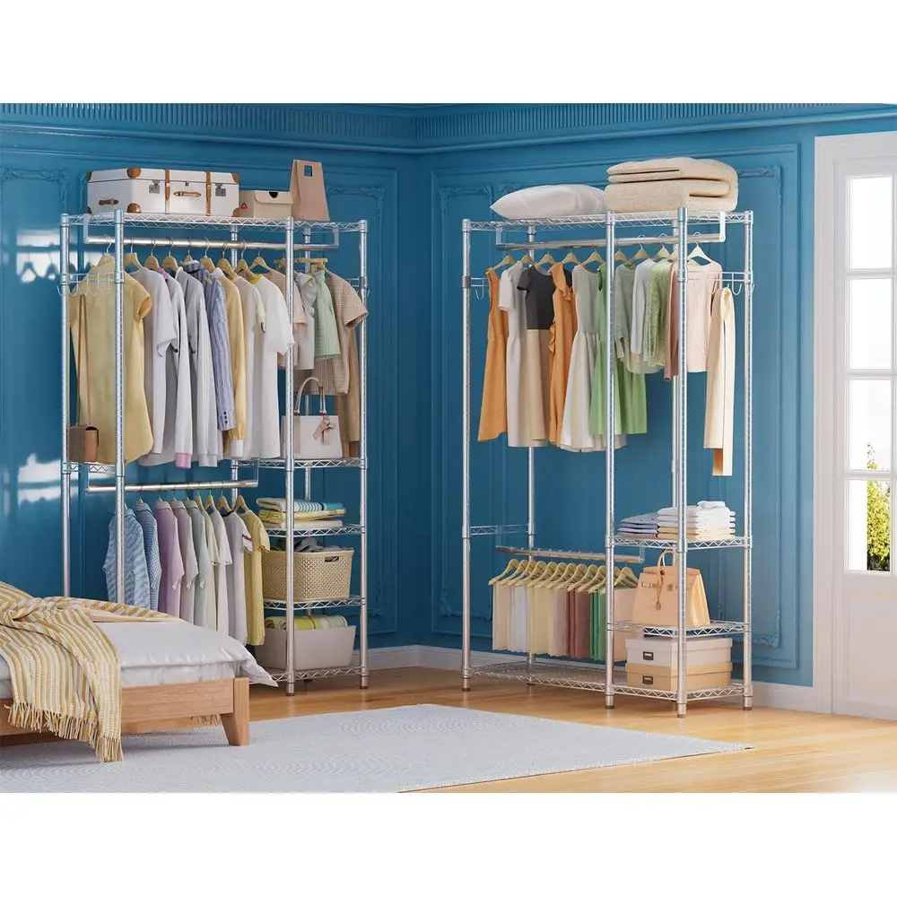 Perchero para ropa de resistencia industrial: capacidad para 450 libras, colgar y estanterías ajustables, armario de metal, acabado cromado