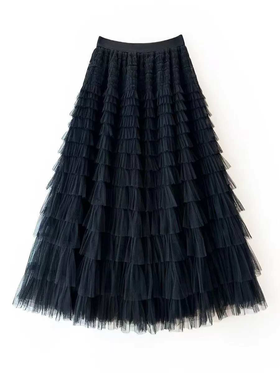 HOT Solid Multilayer Ruffle Mesh Skirt Women Boho High Waist Long Maxi Tulle Skirt Spring Summer Party Women's Clothing