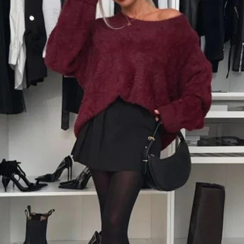 Sexy Off Schouder Lange Mouw Pluche Trui Herfst Winter Elegante Zachte Losse Effen Trui Tops Damesmode Dieptepunt Shirts