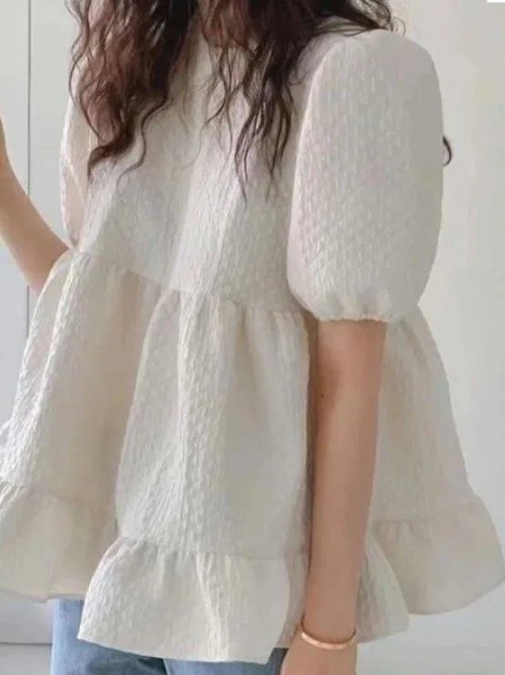 

Chic Doll Shirt Women's Summer Fashionable round Neck Bubble Sleeve Blouse French Style Loose Fit Short Sleeve Color