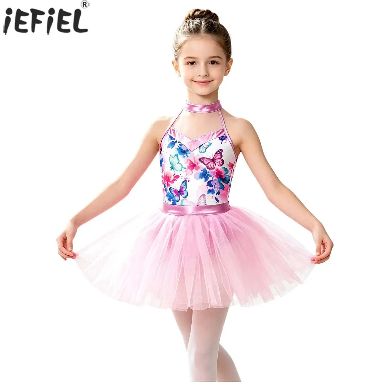 Kids Girls Ballet Dance Dress Halter Backless Sleeveless Printed Bodice Tulle Dresses Figure Skating Rhythmic Gymnastics Leotard