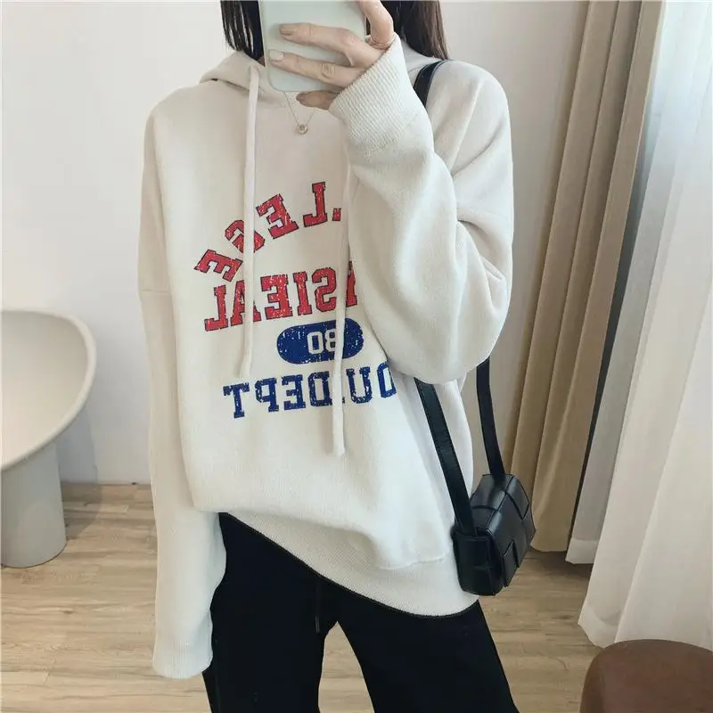 

Женская утепленная вязаная толстовка с капюшоном, синяя, с буквенным принтом, свободного кроя, для похудения, базовый слой, зимняя, для повседневной носки, с длинными рукавами