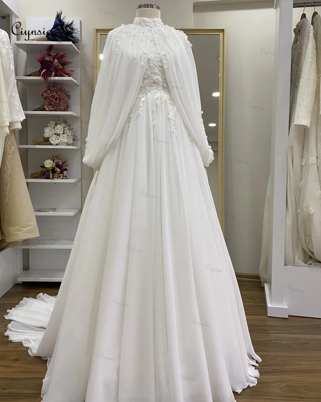 Ciynsia-Robes de mariée musulmanes à manches longues pour la mariée, fleurs 3D, patients perlés en mousseline de soie, quelle que soit la robe de mariée Rosa DD